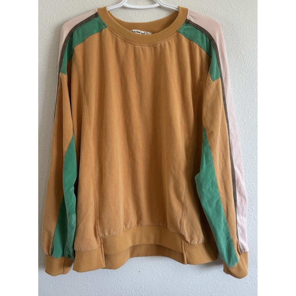 Three Bird Nest Womens M Color Block Pullover Sweatshirt Boho Mustard Green